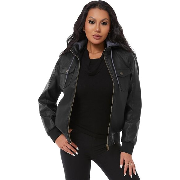 Women Black Faux Leather Waterproof Motorcycle Bomber Biker Jacket - Picture 5 of 8